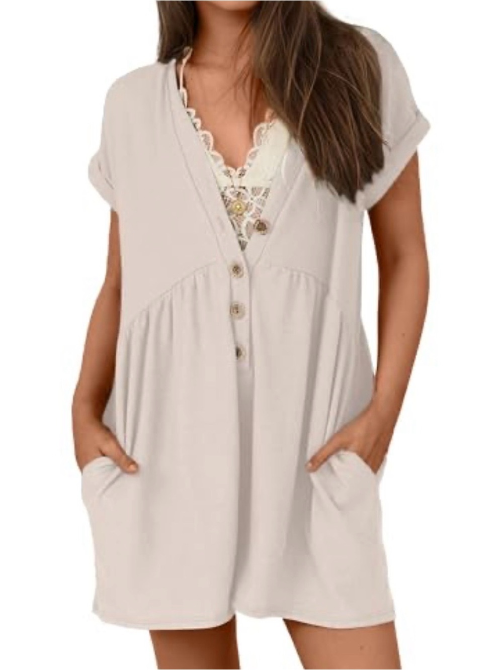Casual V-Neck Button Front Women’s Romper in Cream